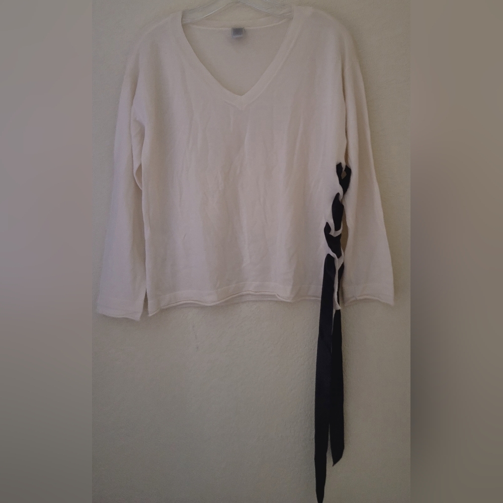 Eleventy Platinum Cashmere Sweater Ivory Womens XS V-neck Lace Up Slouchy - Picture 3 of 14